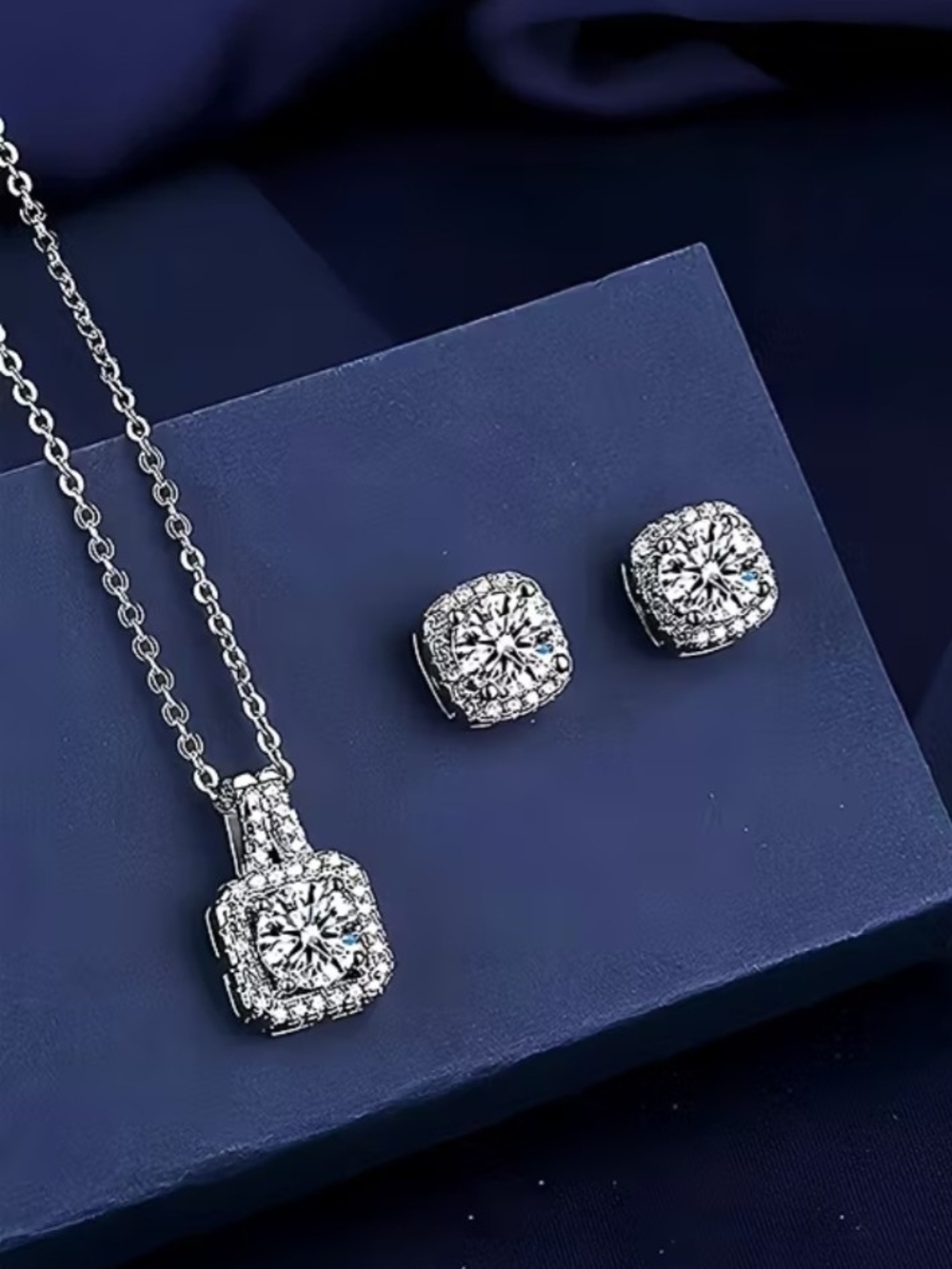 Silver White Cubic Zirconia Pendant Necklace and Stud Earrings Set